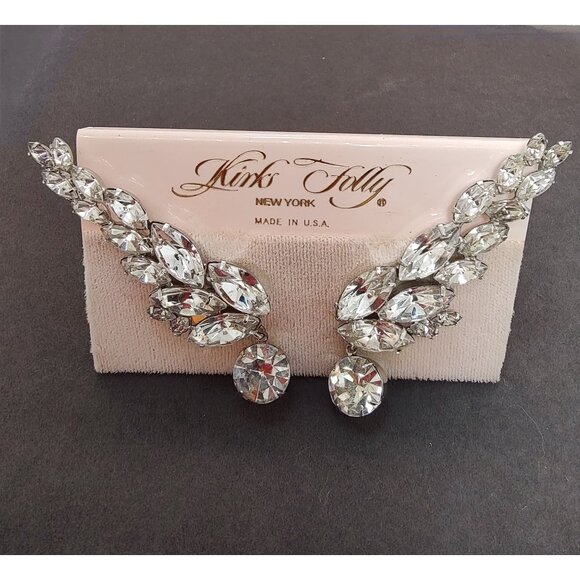 Kirks Folly Rhinestone Clip-On Earrings Silver Tone, Vintage - Picture 2 of 10